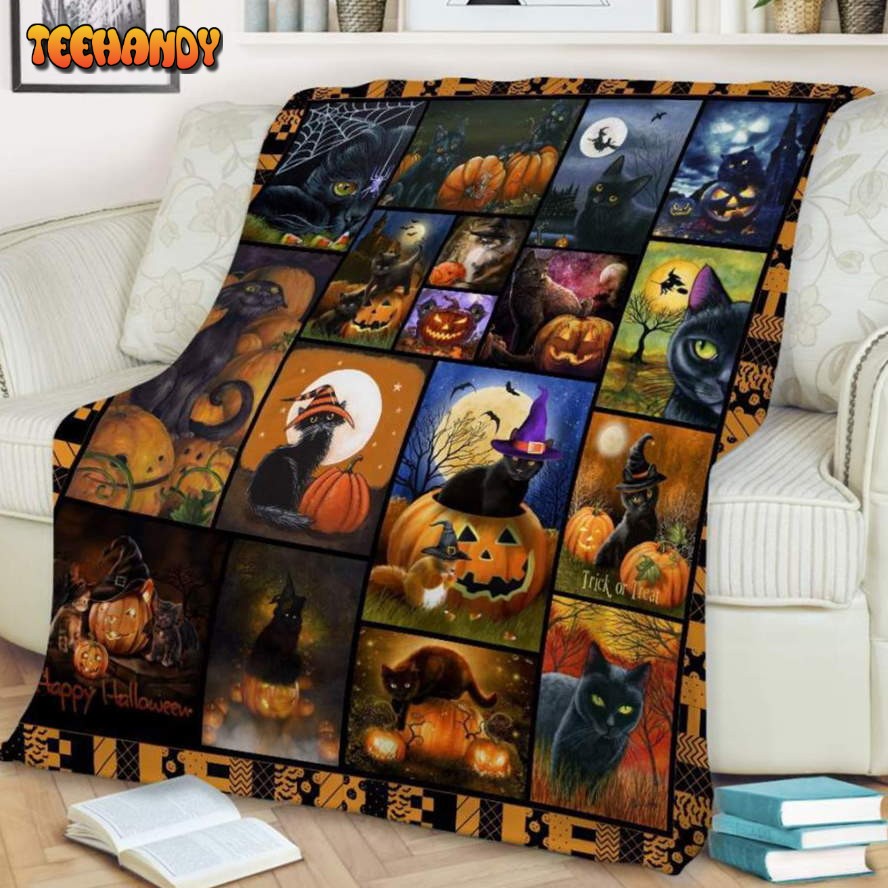 Cat Colorful Halloween Sherpa Blanket – Cute Halloween Blanket Gift