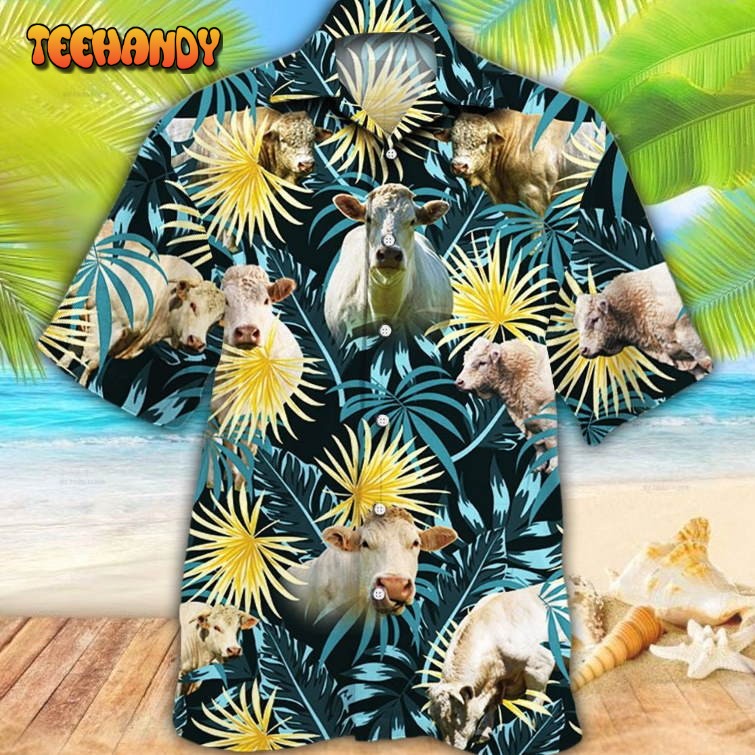 Charolais Cattle Blue And Yellow Tropical Plants Hawaiian Shirt