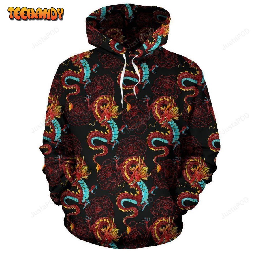 Chinese Dragons and Peonies Design Pullover 3D Hoodie For Men Women