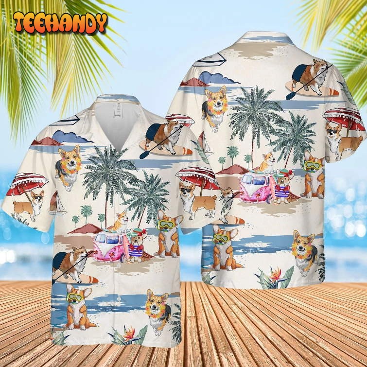 Corgi Summer Beach Hawaiian Shirt, Short Sleeve Dog Aloha Beach Shirt