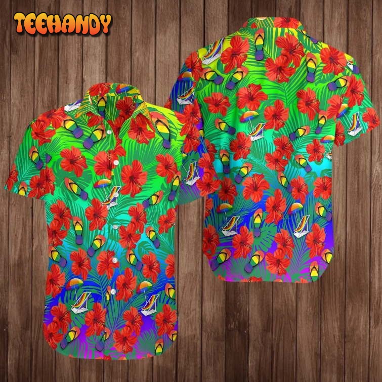 Couple Gay Pride Shirt, LGBT Red Hibiscus Nice Ornamental Hawaiian Shirt