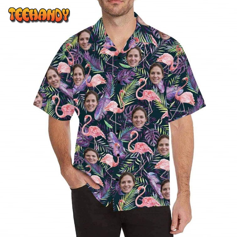 Couple Matching Hawaiian Shirts with Faces on Them Flamingo Purple Leaf