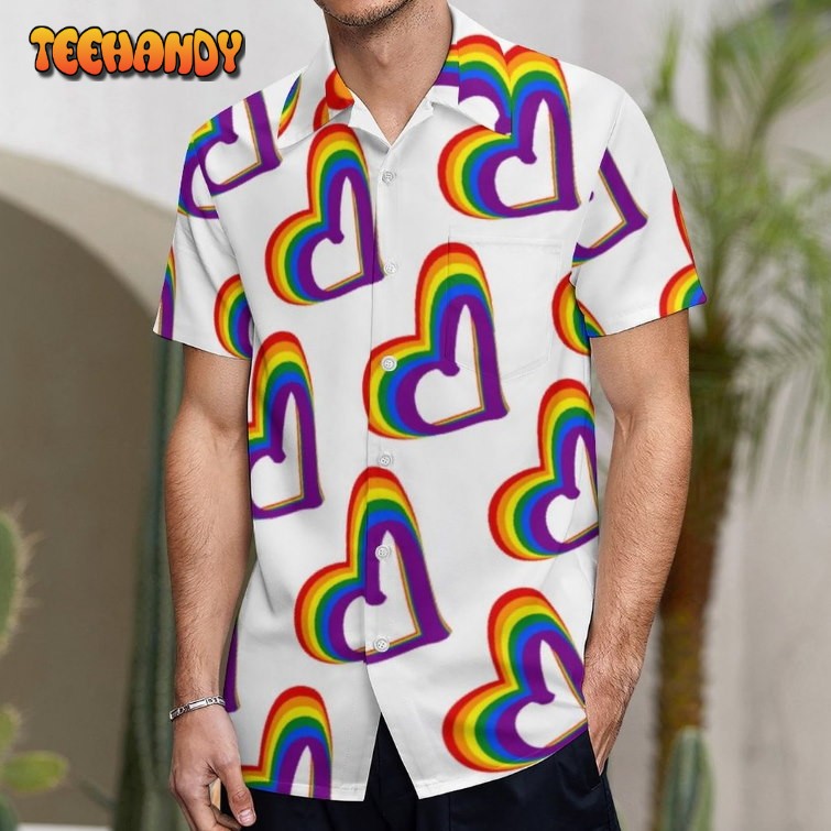 Cute Lgbt Rainbow Flag Hearts Pattern Gay Mens Button Down Hawaii Shirts