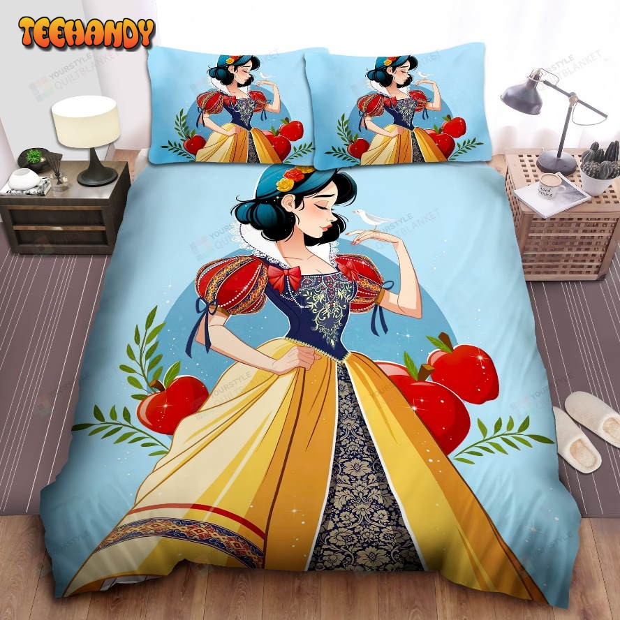 Disney Princess Snow White In Royal Dress And Apples Illustration Bedding Sets