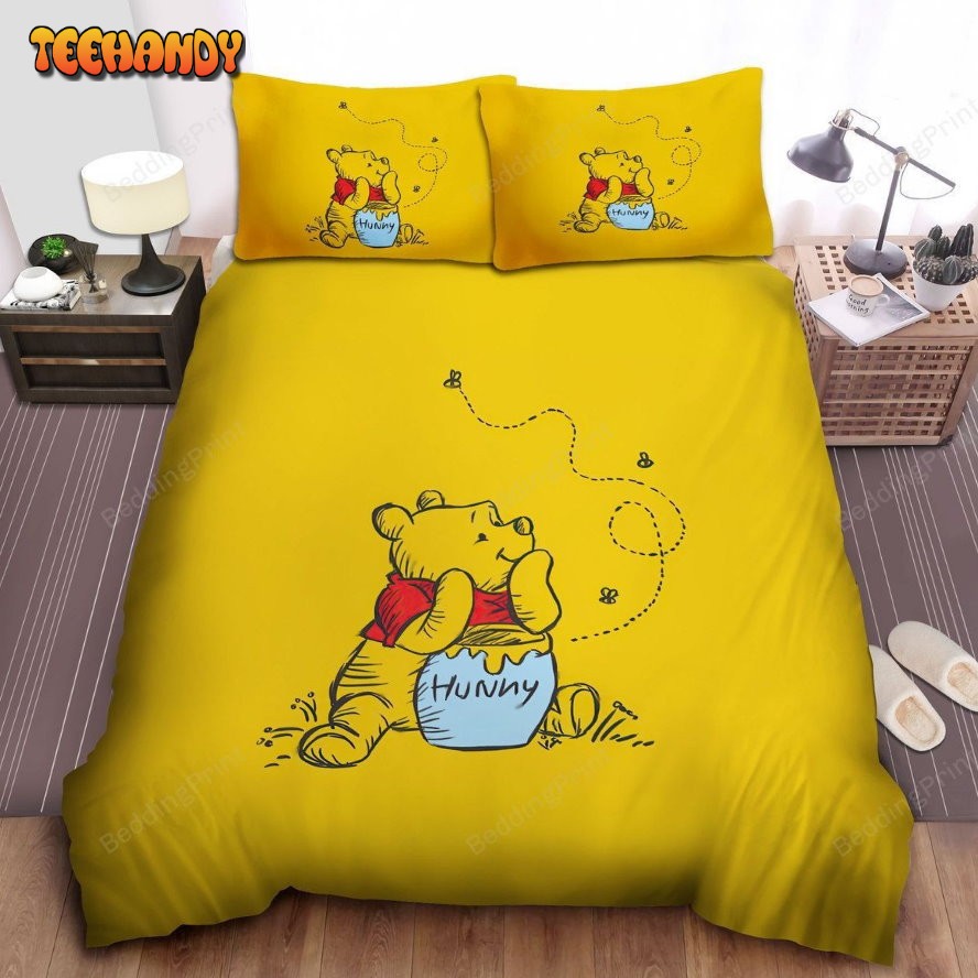 Disney Winnie The Pooh And Hunny Pot Drawing On Yellow Spread Bedding Sets