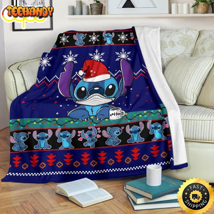 DN Stitch With Mask Christmas Pattern Blue Blanket Christmas