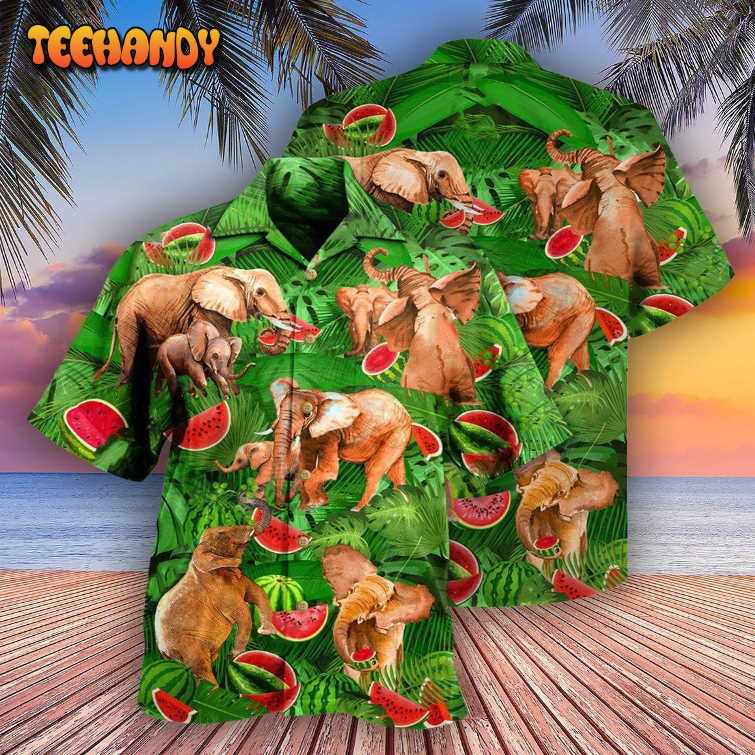 Elephant Funky Watermelon With Elephants Green Leaves Hawaiian Shirt