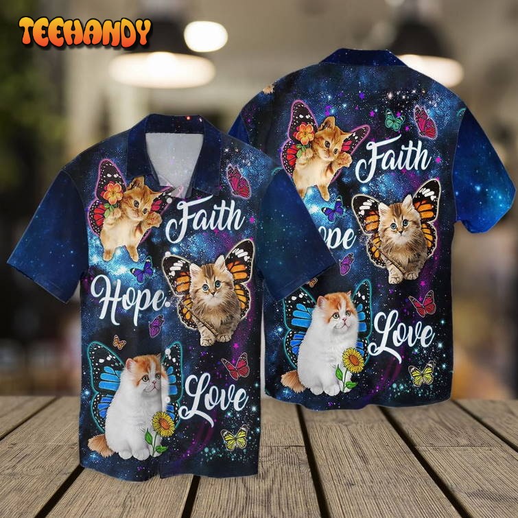 Faith Hope Love Cat 3D Hawaiian Shirt For Cat Lovers, Cat Flying Hawaii