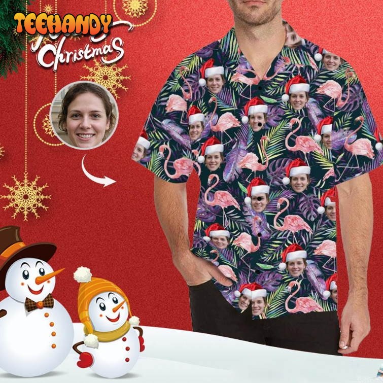 Flamingo Christmas Hat Hawaiian Shirt with Your Face Aloha Shirt