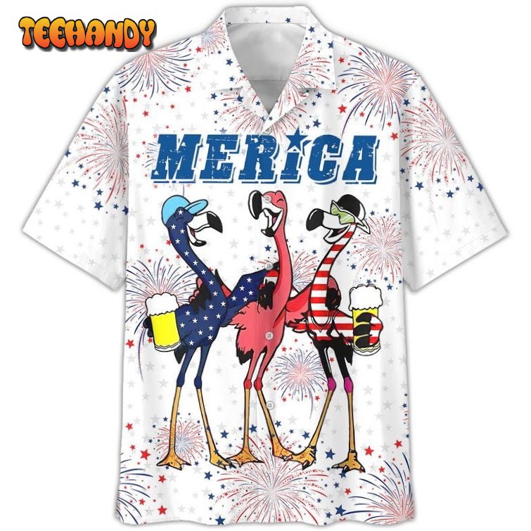 Flamingo Hawaiian Shirt, Full Printed Flamingo Drinking Beer In Usa