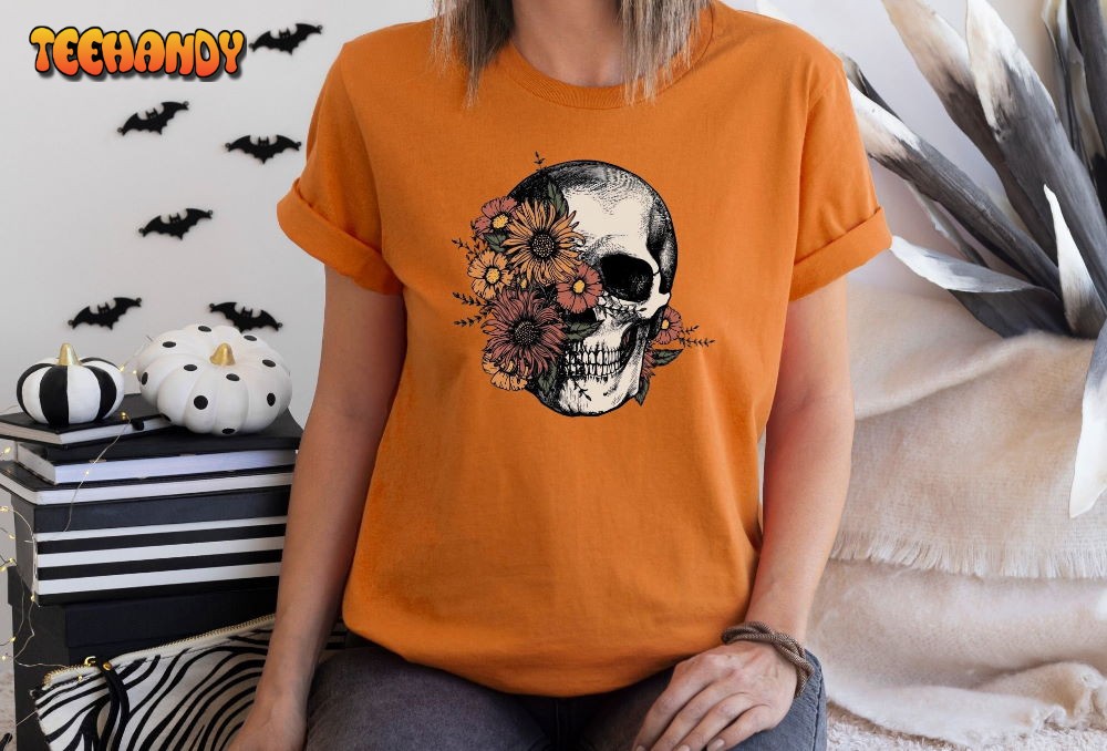 Floral Skull Shirt, Skull and Sunflower Halloween Shirt