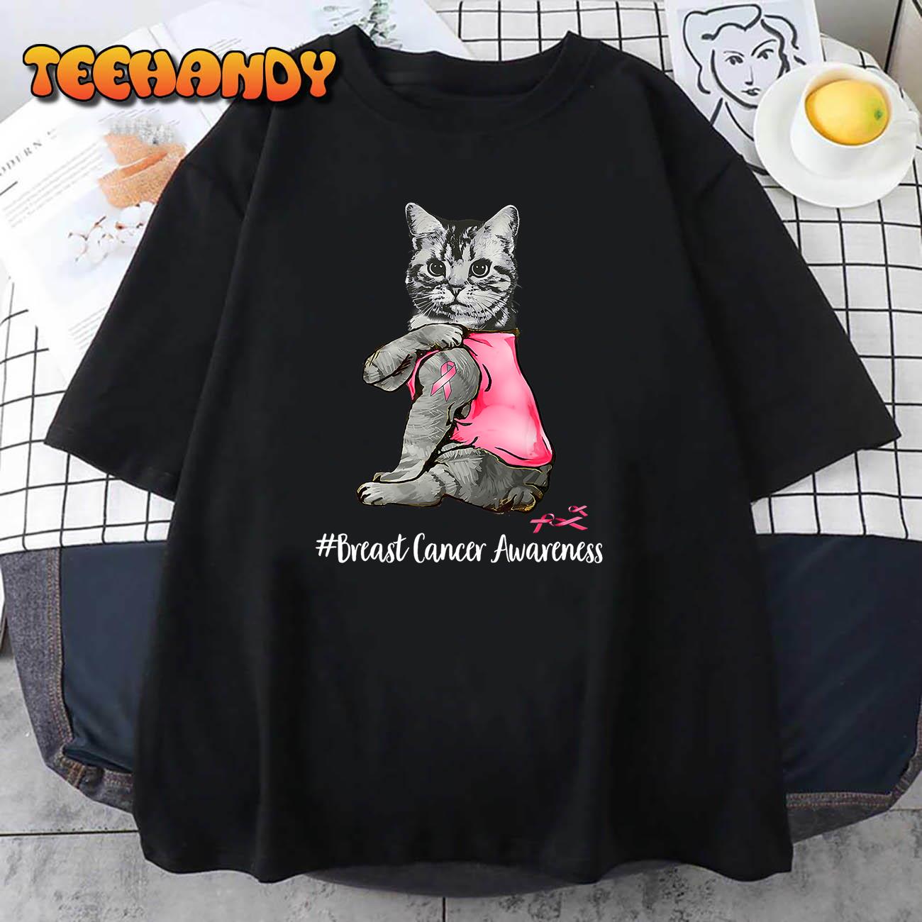 Funny Cat Pink Ribbon In October We Wear Pink Breast Cancer T-Shirt