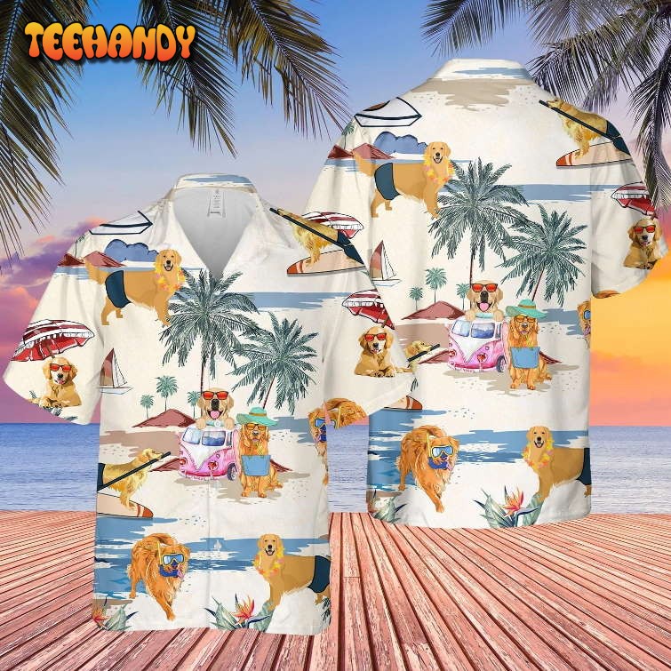 Golden Retriever Summer Beach Hawaiian Shirt, Short Sleeve Dog Full