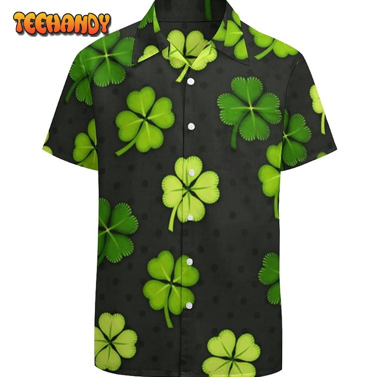 Green Four Leaf Clover On Black Hawaiian Shirt Full Printed Shirt