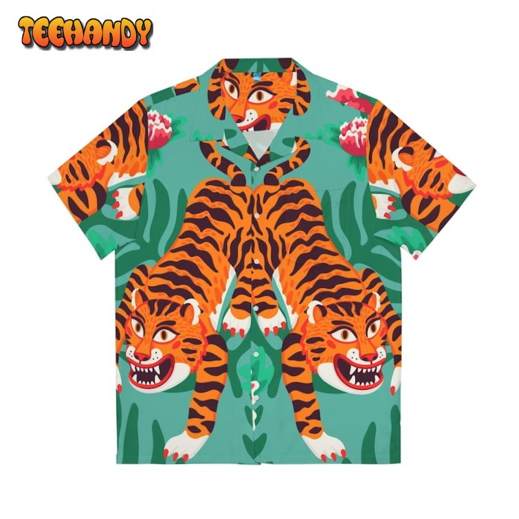 Green Tiger Hawaiian Shirt, Tropical Aloha Shirt, Gift For Summer Vibe