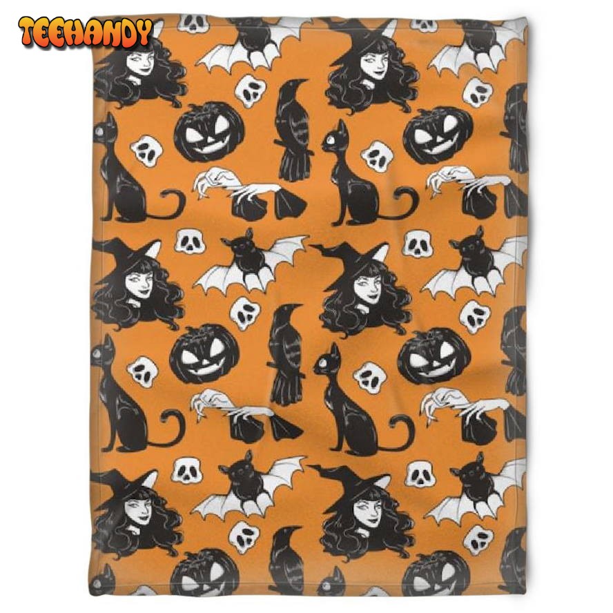 Halloween Black Witch Orange Sherpa Blanket Halloween Gift Halloween