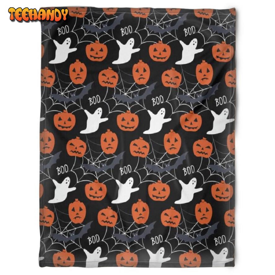 Halloween Cute Ghost With Pumkins Sherpa Halloween Adult Blanket