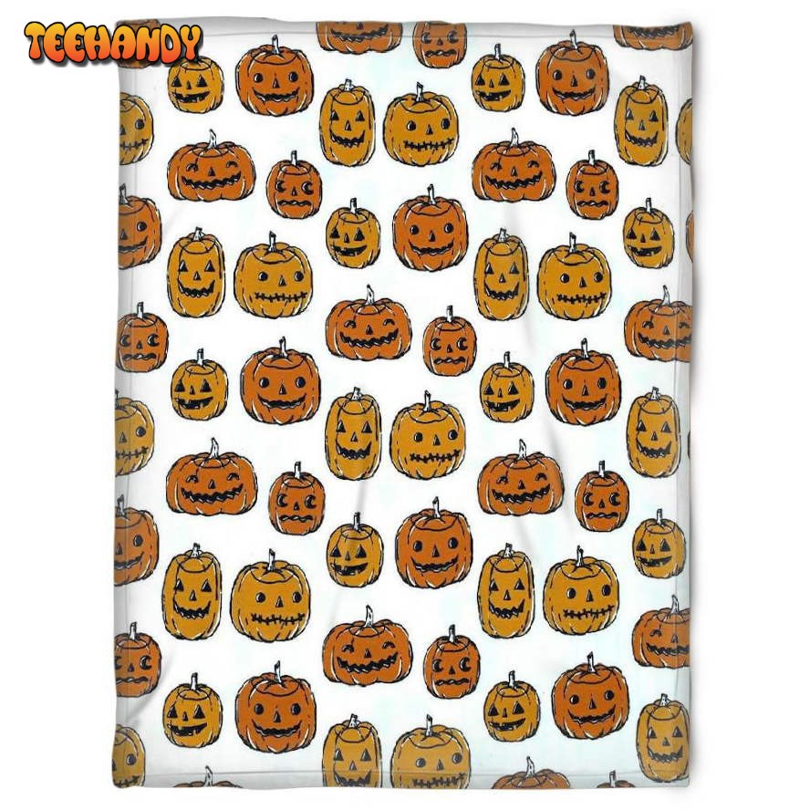 Halloween Pumkins Orange White Sherpa Blanket Halloween Adult Blanket