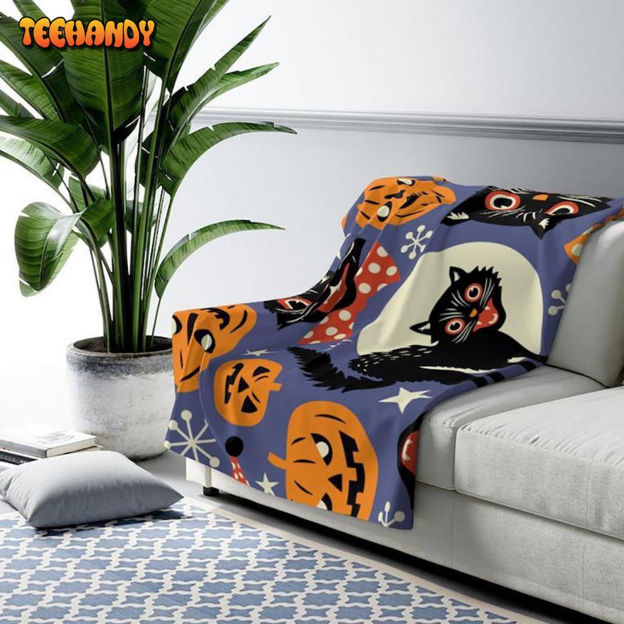 Halloween Scary Cat And Pumkins Sherpa Blanket Halloween Adult Blanket