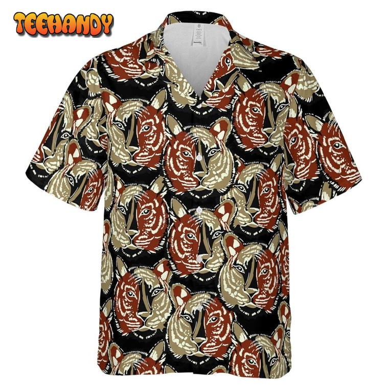 Hawaiian Camp Collar Short Sleeve Button-Down Hawaii Shirt Tiger Faces