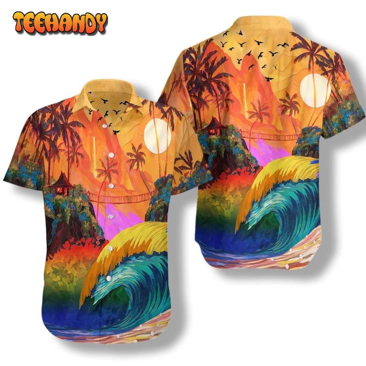 Hawaiian Pride, LGBT Sunset And Wave Sea Background Hawaiian Shirt