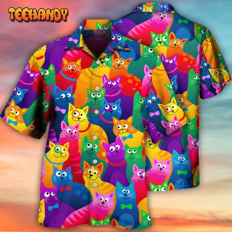 Hawaiian Shirt With Funny Colorful Cat Pattern, Cat Lovers Hawaiian Shirt