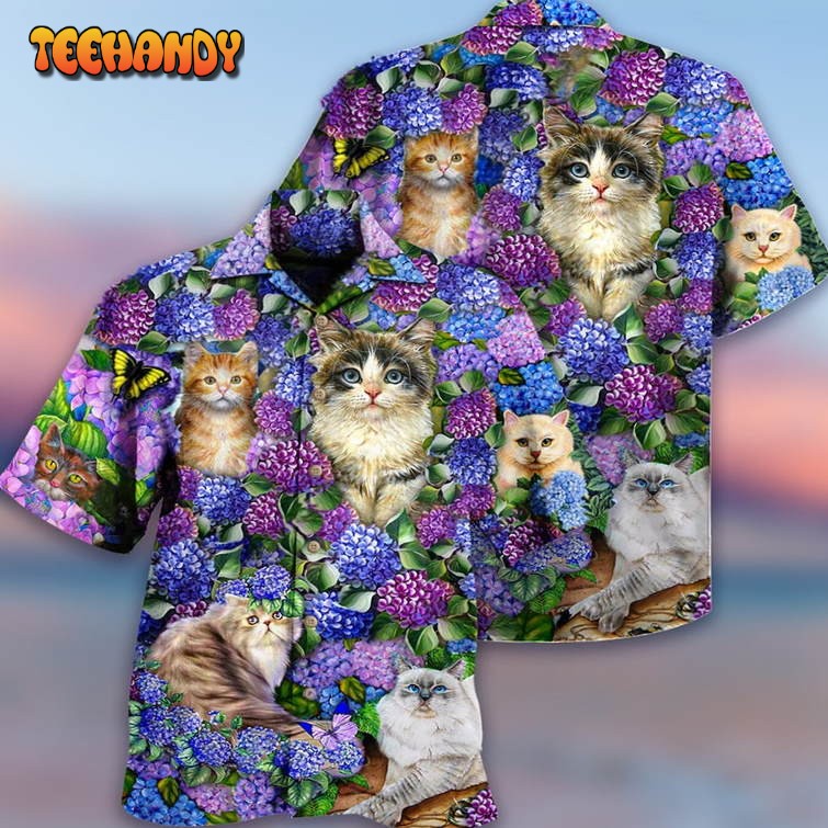 Hawaiian Shirt With Lovely And Purple Flowers, Cat Lovers Hawaiian Shirt