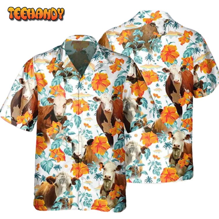 Hereford Bright Hibiscus Flower Hawaiian Shirt, Cow Hawaiian Shirt