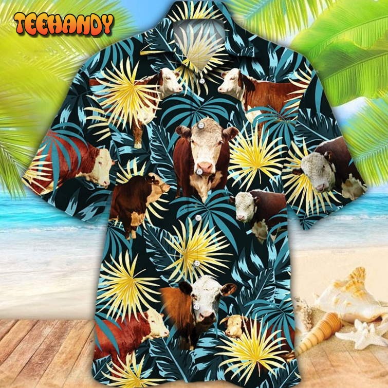 Hereford Cattle Blue And Yellow Tropical Plants Hawaiian Shirt