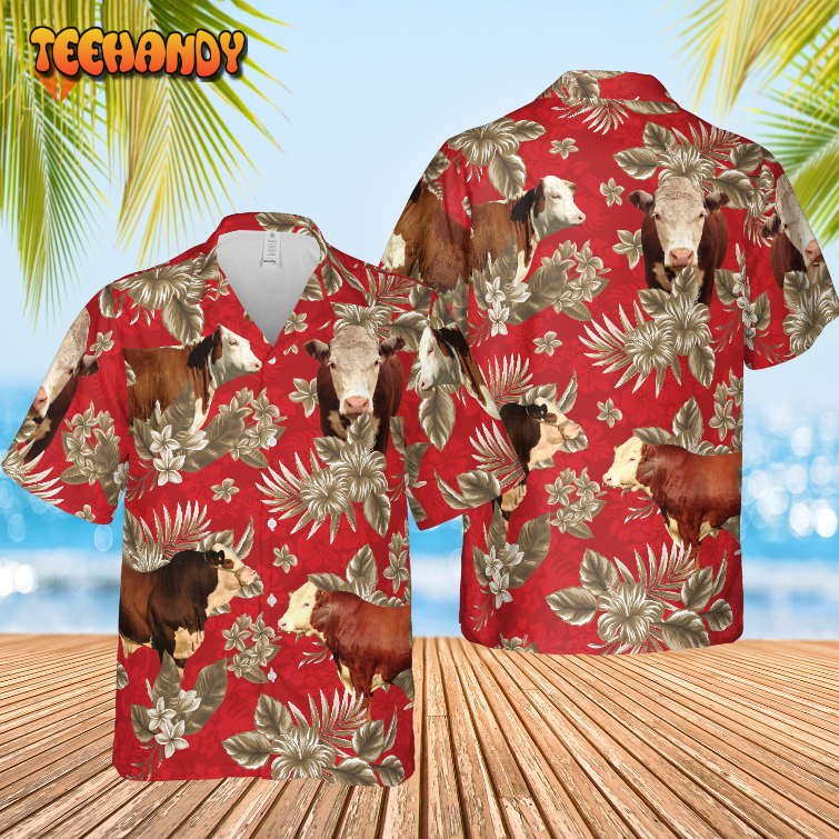 Hereford Cattle Lovers Aloha Pattern All Over Printed 3D Hawaiian Shirt