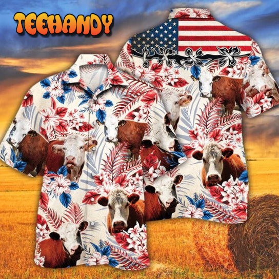 Hereford Cattle Lovers American Flag Hawaiian Shirt, Unisex Print Aloha Short