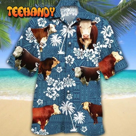 Hereford Cattle Lovers Blue Tribal Hawaiian Shirt, Unisex Print Aloha Short Sleeve