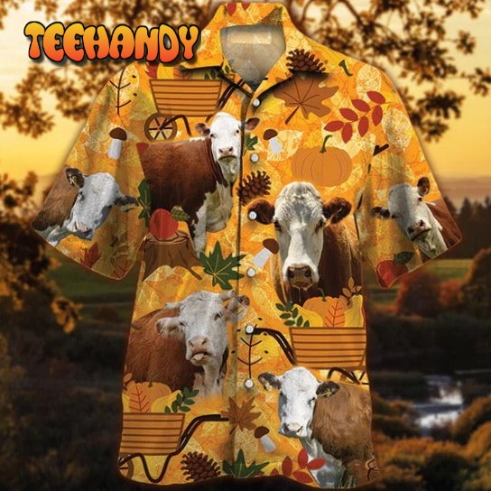 Hereford Cattle Lovers Orange Nature Autumn Hawaiian Shirt, Unisex Print Aloha