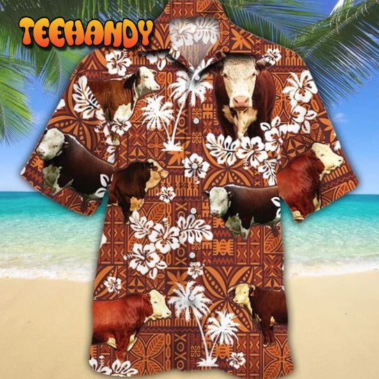 Hereford Cattle Lovers Red Tribal Hawaiian Shirt, Unisex Print Aloha Short Sleeve