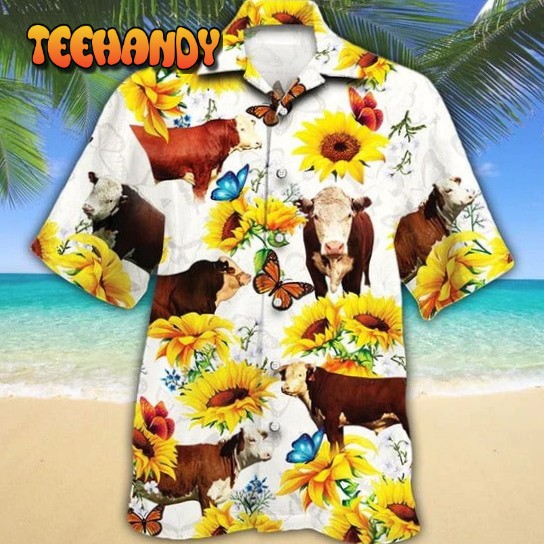 Hereford Cattle Lovers Sun Flower Hawaiian Shirt, Unisex Print Aloha Short Sleeve