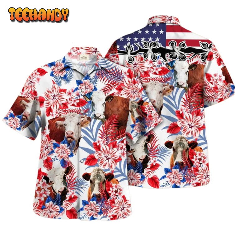 Hereford In Usa Flag Pattern Hawaiian Shirt, Hereford Bull Hawaiian Shirt