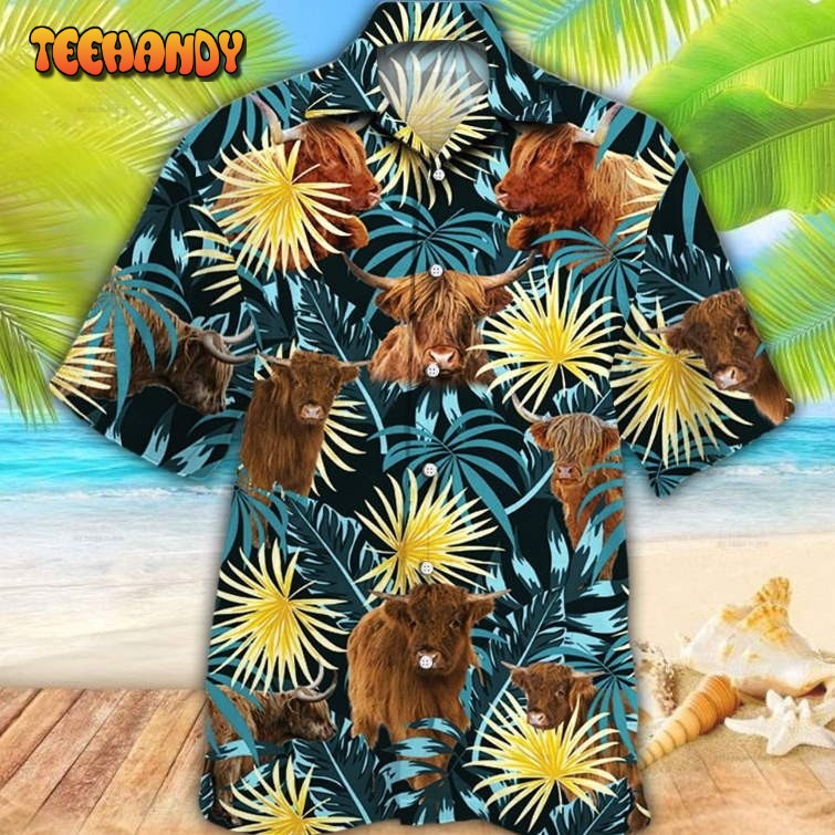 Highland Cattle Blue And Yellow Tropical Plants Hawaiian Shirt