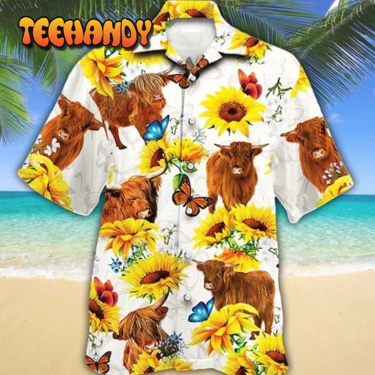 Highland Cattle Lovers Sun Flower Hawaiian Shirt, Unisex Print Aloha Short