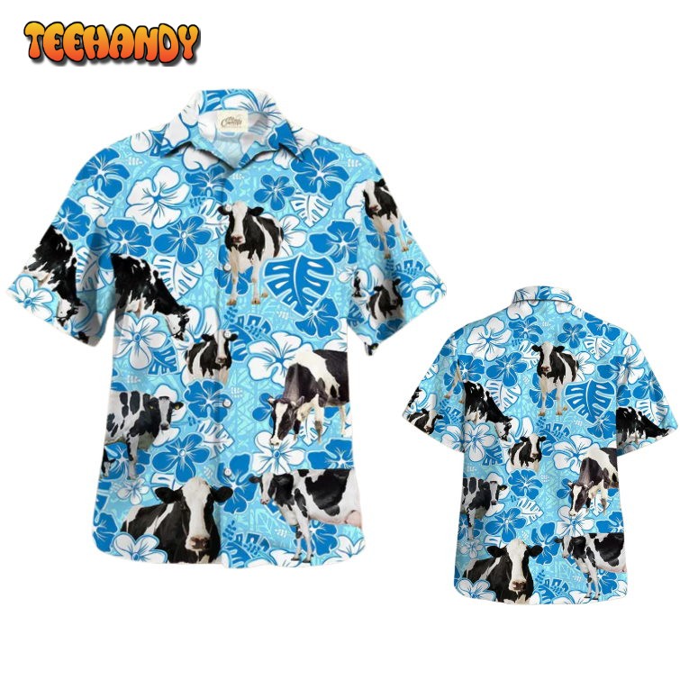 Holstein Blue Floral Hawaiian Shirt, Cow Hawaiian Shirt