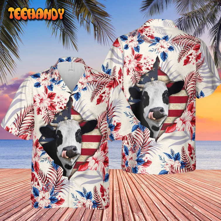 Holstein Face Hibiscus Flower All Over Printed 3D Hawaiian Shirt