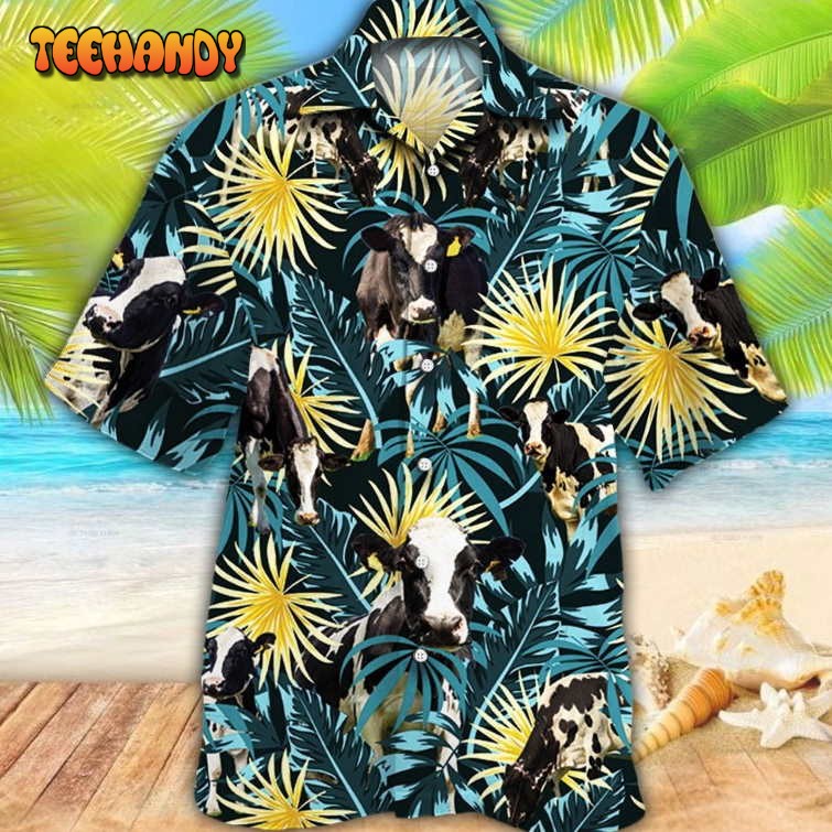 Holstein Friesian Cattle Blue And Yellow Tropical Plants Hawaiian Shirt