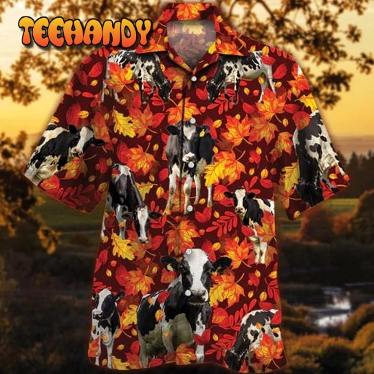 Holstein Friesian Cattle Lovers Autumn Red Leaves Hawaiian Shirt Unisex