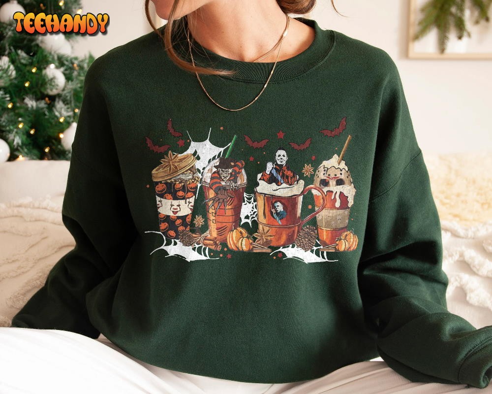 Horror Movie Coffee Latte Sweatshirt, Horror Characters Coffee Cup Sweatshirt,