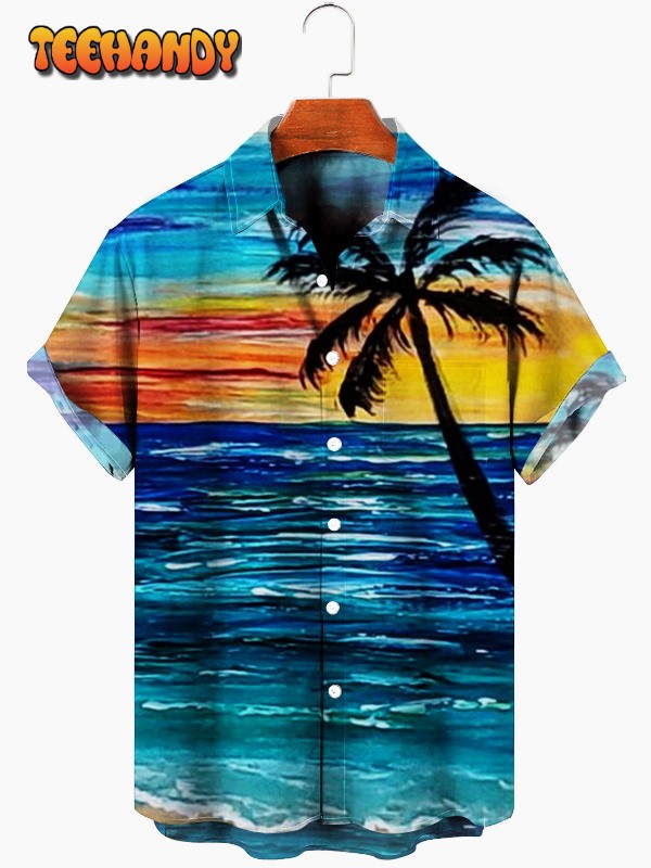 Landscape Coconut Tree Print Hawaiian Shirt, Hawaii Shirt With Coconut Tree