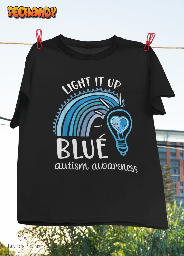 Light It Up Blue Autism Awareness Month Rainbow Puzzle Piece Shirt