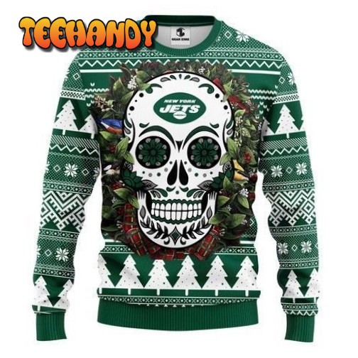 Nfl New York Jets Skull Flower Ugly Christmas Sweater