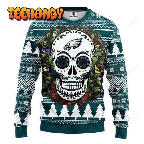 Nfl Philadelphia Eagles Skull Flower Ugly Christmas Sweater