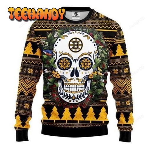 Nhl Boston Bruins Skull Flower Ugly Christmas Sweater, Ugly Sweater