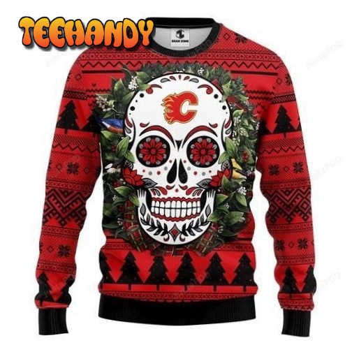 Nhl Calgary Flames Skull Flower Ugly Christmas Sweater, Ugly Sweater