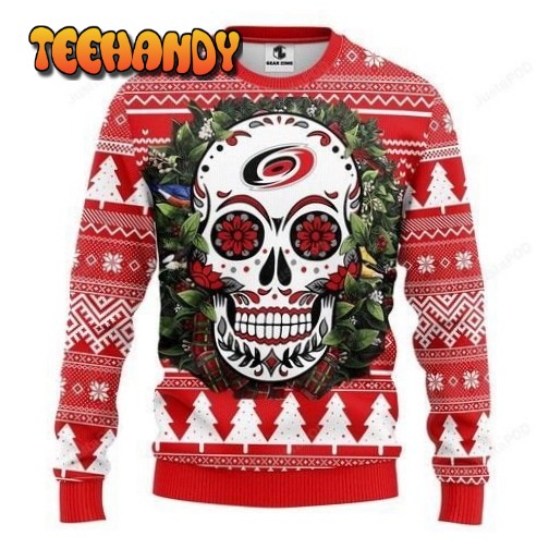 Nhl Carolina Hurricanes Skull Flower Ugly Christmas Sweater, Ugly Sweater